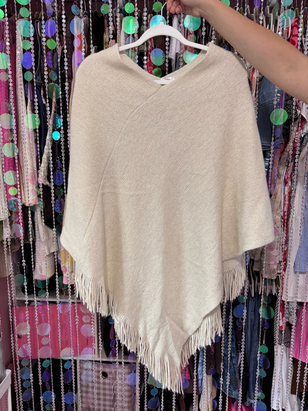 Y2K Vintage Sparkly Cream Poncho with Fringe